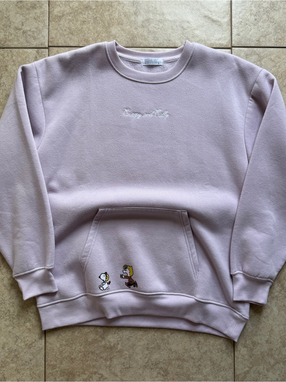 Peanuts Men's Light Lavender Crewneck Sweatshirt with Character Embroidery